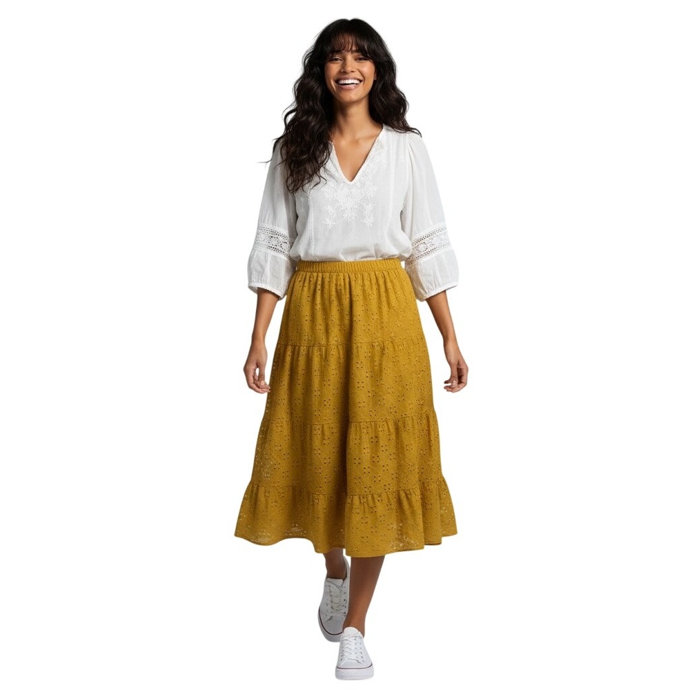Indigo Rose Eyelet Tiered Midi‎ Skirt Large Yellow Boho Cottagecore Prairie